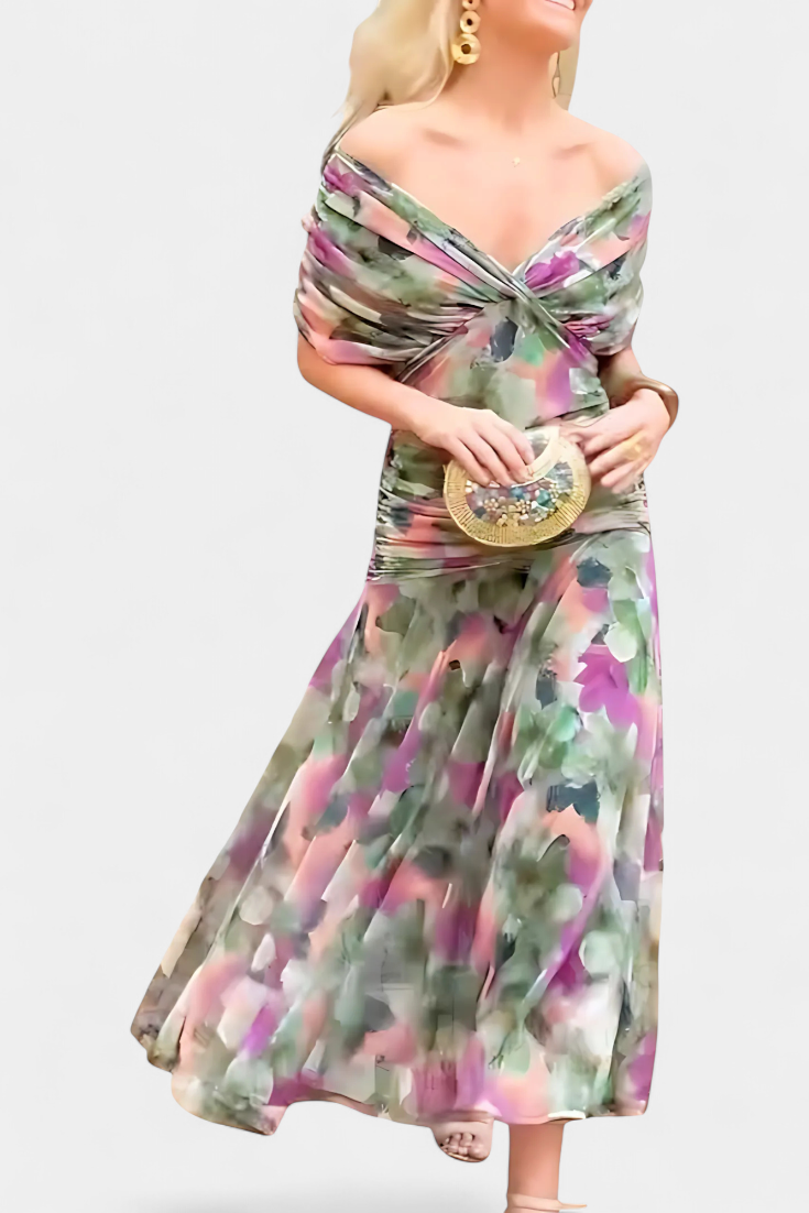 STEFANIA | ELEGANT LONG FLORAL V-NECK DRESS